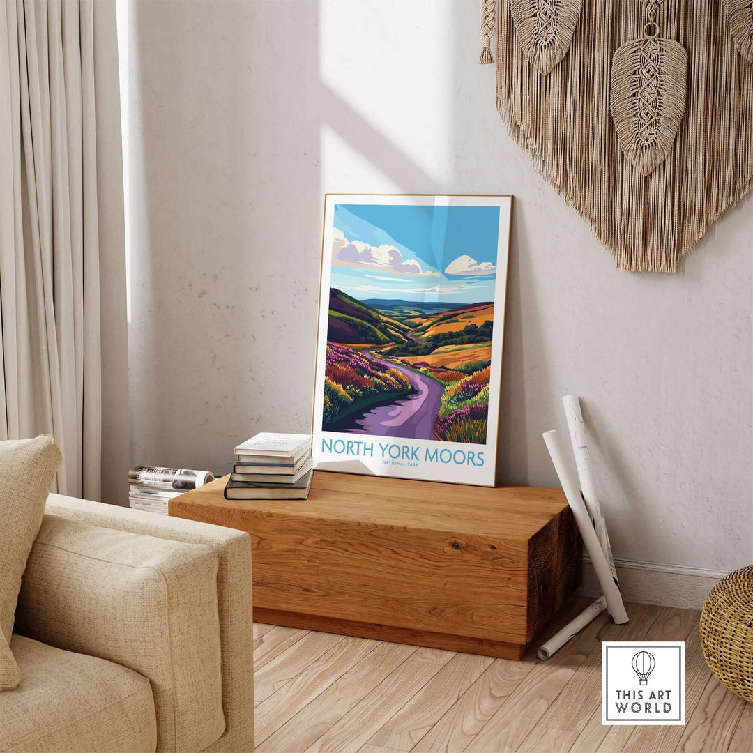 North York Moors National Park wall art displayed in a cozy living room, showcasing vibrant colors and scenic beauty.