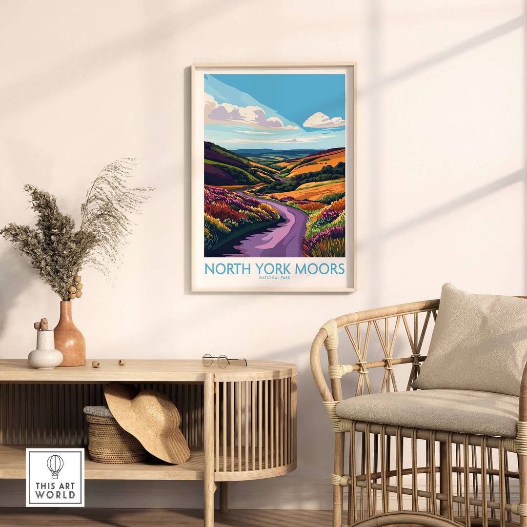 Vibrant North York Moors National Park wall art displayed in a cozy living room setting, showcasing a colorful landscape.