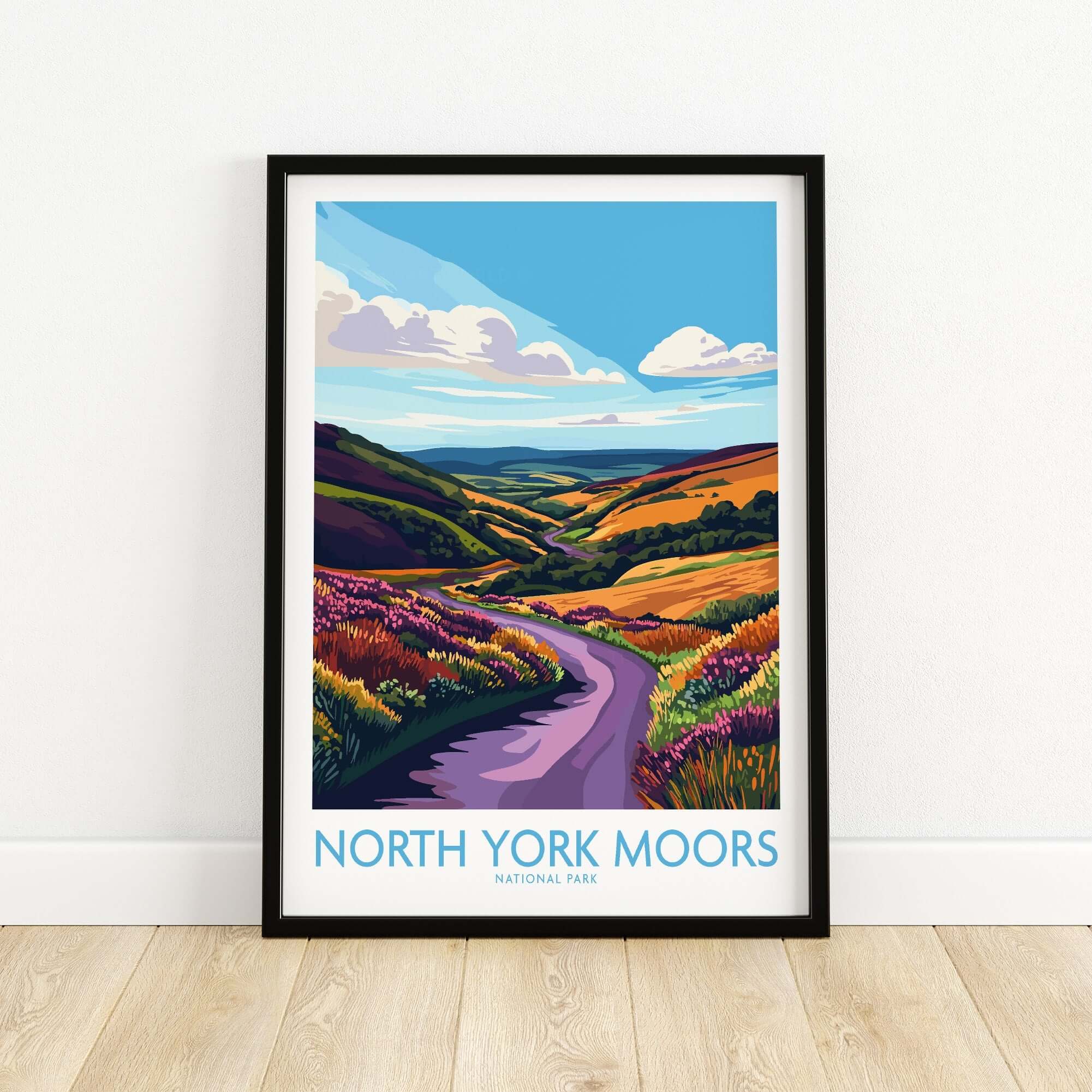 North York Moors National Park Wall Art featuring vibrant colors and a picturesque landscape of rolling hills.