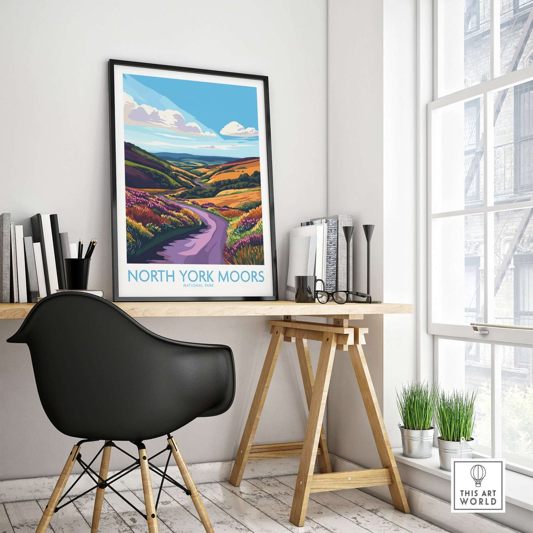 North York Moors National Park wall art displayed in a modern home workspace with natural light.