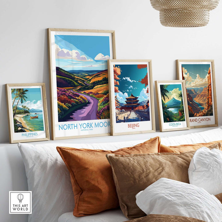 North York Moors National Park wall art displayed among travel-themed prints in a modern living room setting.