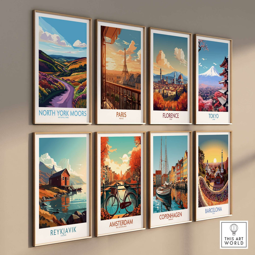 North York Moors National Park wall art alongside cityscape art prints, showcasing vibrant landscapes and iconic landmarks.