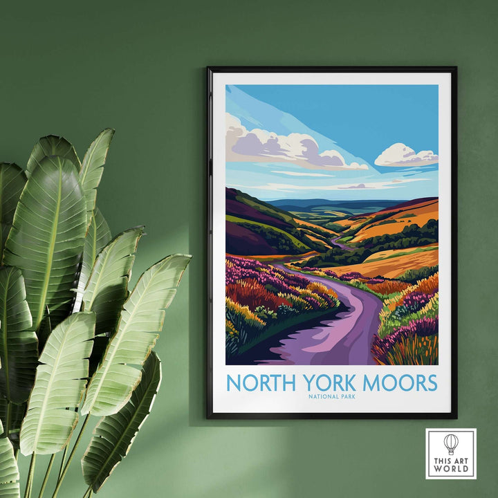 Vibrant North York Moors National Park wall art showcasing lush hills and a winding road, enhancing home decor.