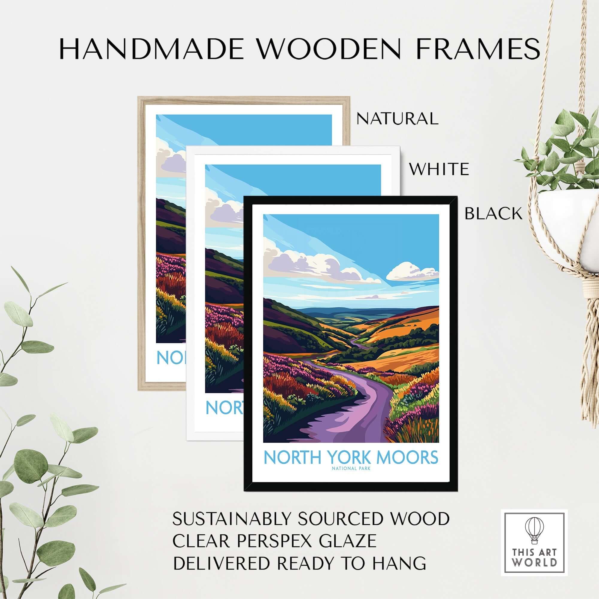 Handmade wooden frames for North York Moors National Park Wall Art in natural, white, and black finishes.