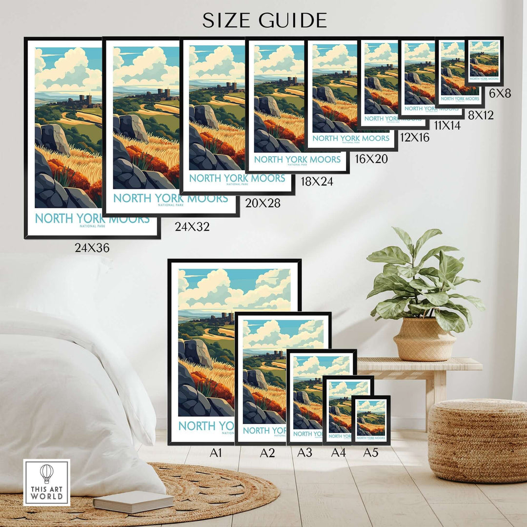 North York Moors Poster size guide showcasing various frame dimensions and vibrant landscape design for home decor.