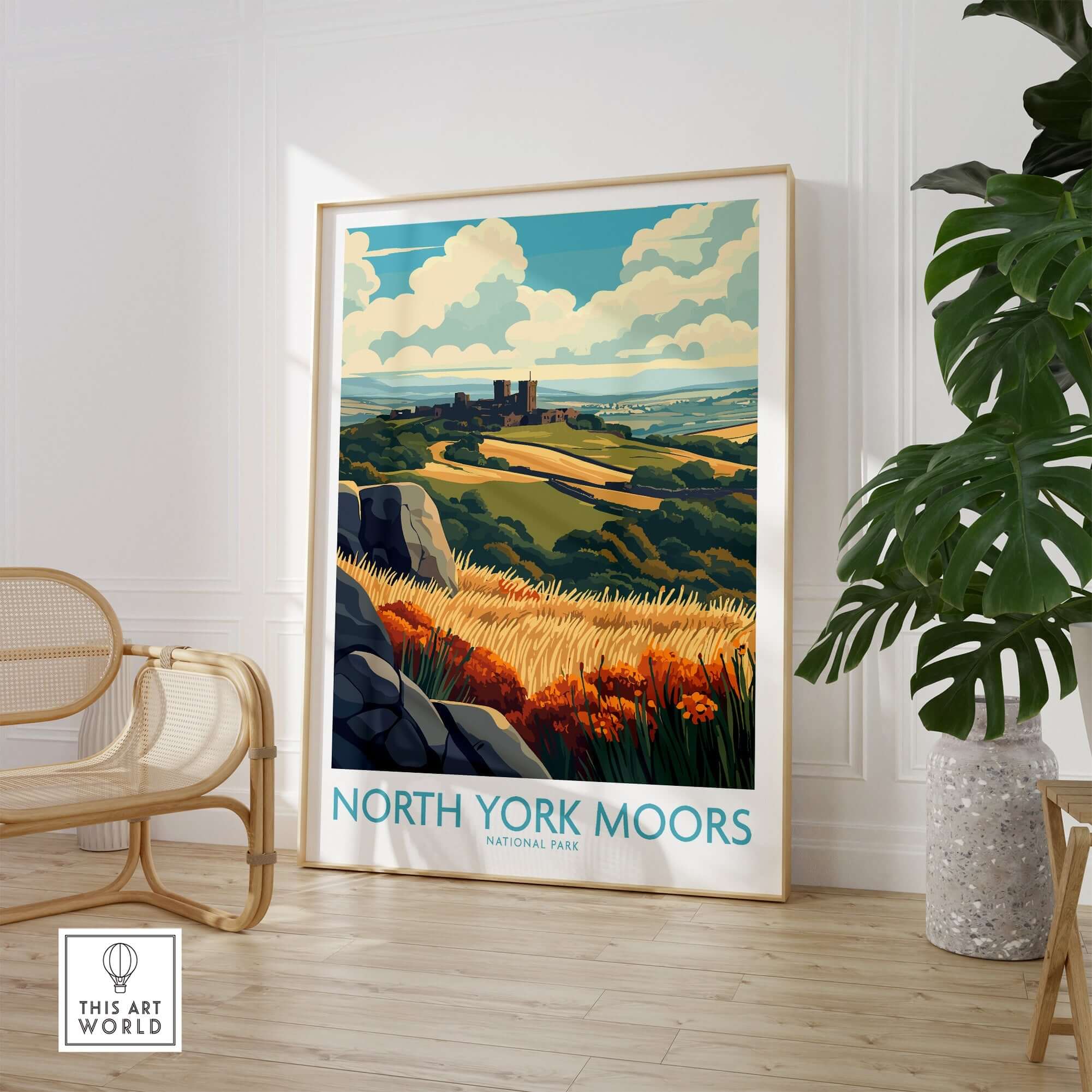 North York Moors Poster showcasing vibrant landscape and serene nature in a stylish interior setting.