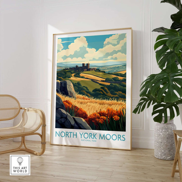 North York Moors poster showcasing colorful landscape and scenery in a stylish room setting, perfect for nature lovers.