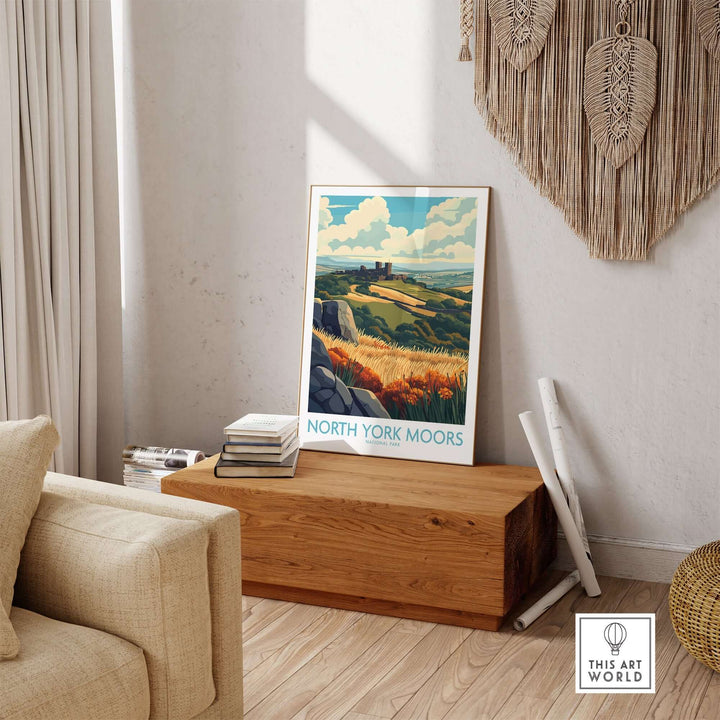 North York Moors poster displayed in cozy living room, showcasing vibrant landscape and serene colors.