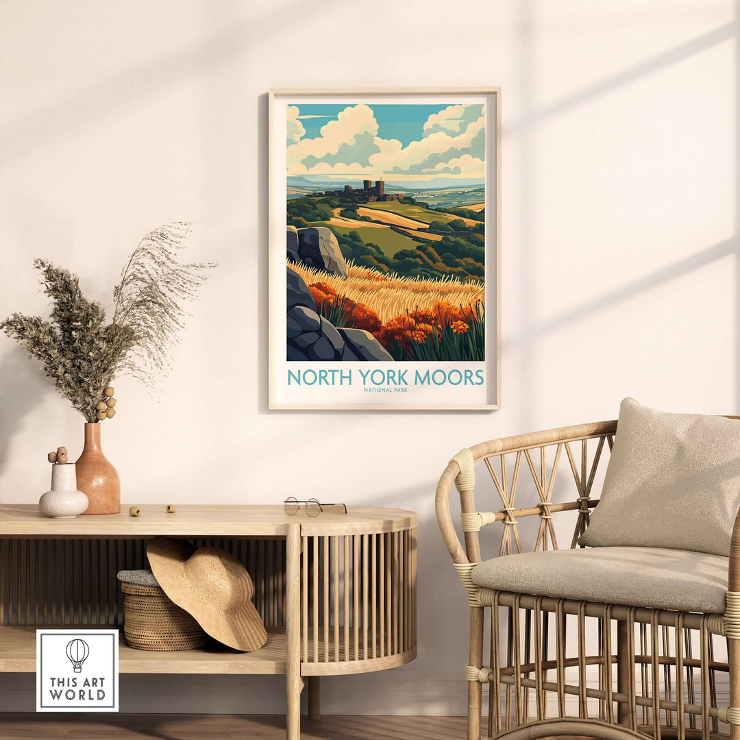 North York Moors poster displayed in a cozy room with natural decor, highlighting vibrant landscape art and a serene atmosphere.