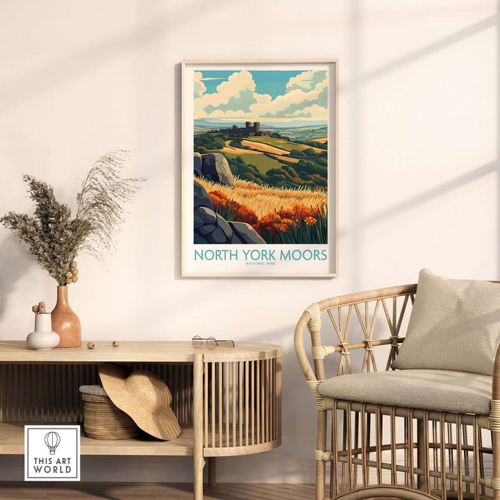 North York Moors poster displayed in a cozy room with natural decor, highlighting vibrant landscape art and a serene atmosphere.