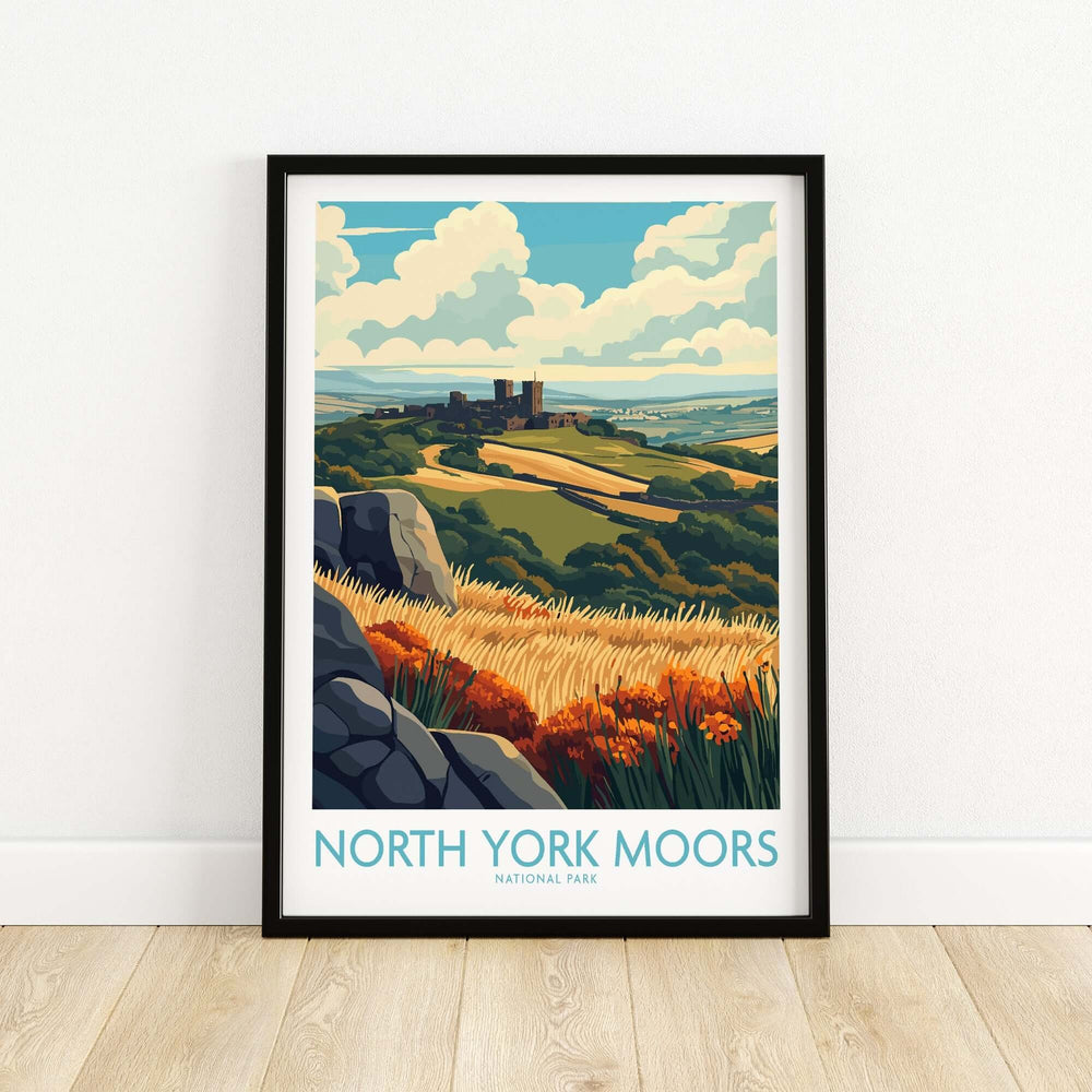 North York Moors poster featuring vibrant landscapes and a scenic view of the national park, ideal for home decor.