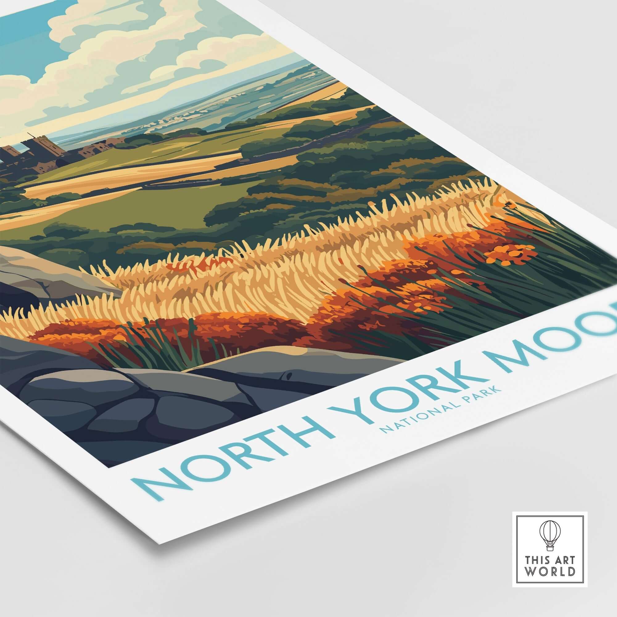 North York Moors Poster featuring a vibrant landscape of the national park with colorful fields and hills.