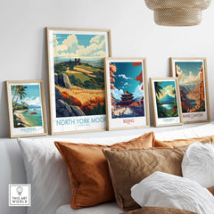 North York Moors Poster displayed among framed travel posters in a stylish interior setting.