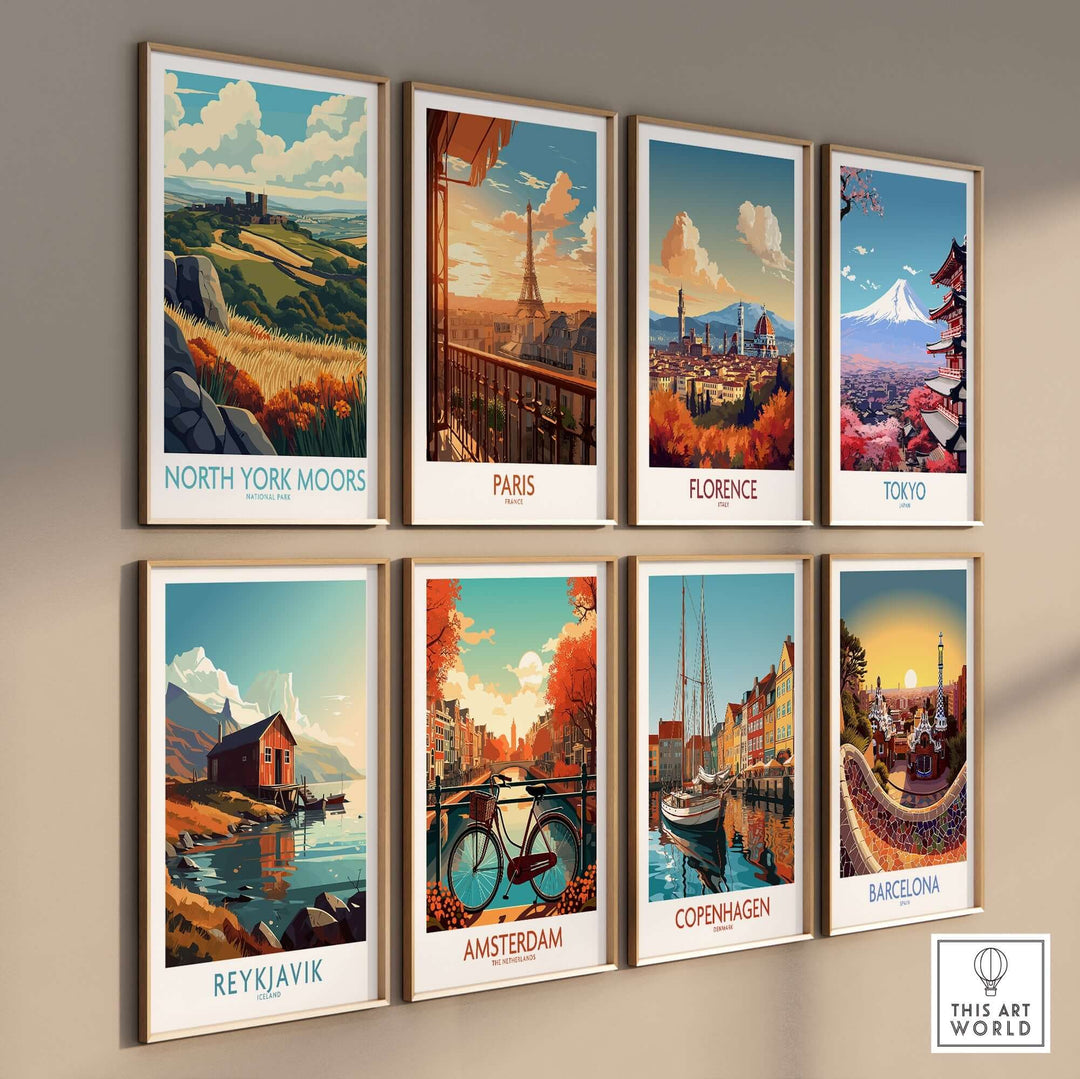 A gallery wall featuring vibrant travel posters, including North York Moors, Paris, Florence, Tokyo, Reykjavik, Amsterdam, Copenhagen, and Barcelona.