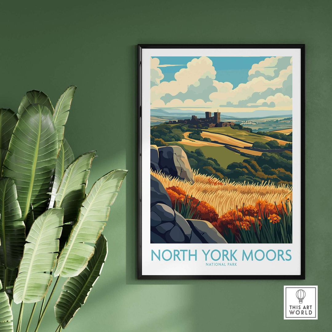 North York Moors poster featuring vibrant landscape and historical scenery, framed and displayed among indoor plants.