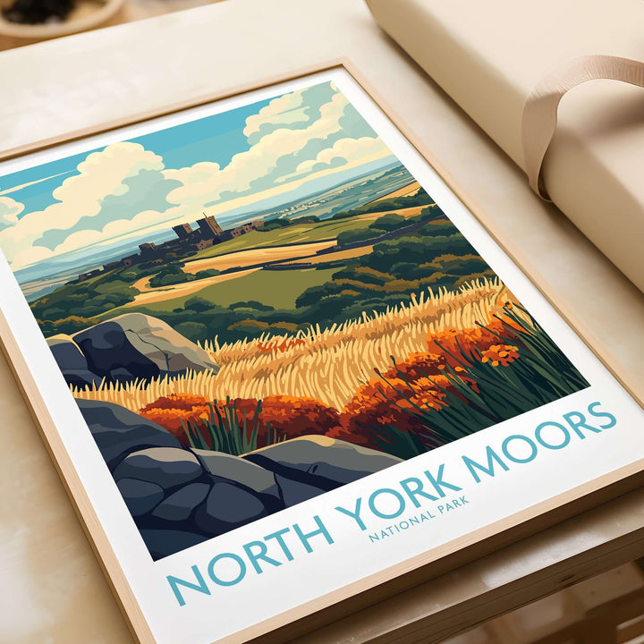 North York Moors National Park poster featuring vibrant landscape, rolling hills, and colorful fields in a decorative frame.