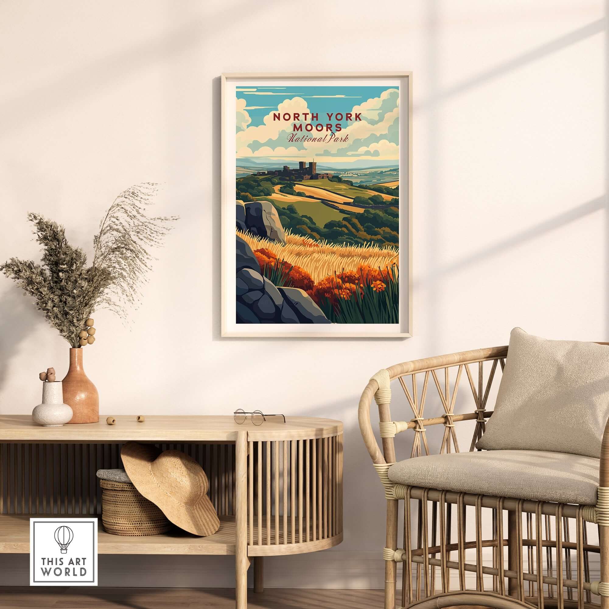 North York Moors Print displayed in a cozy living room, showcasing vibrant colors and intricate details.
