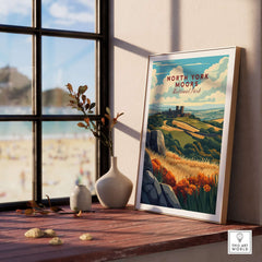 North York Moors Print displayed indoors with scenic landscape and natural light, evoking adventure and elegance.