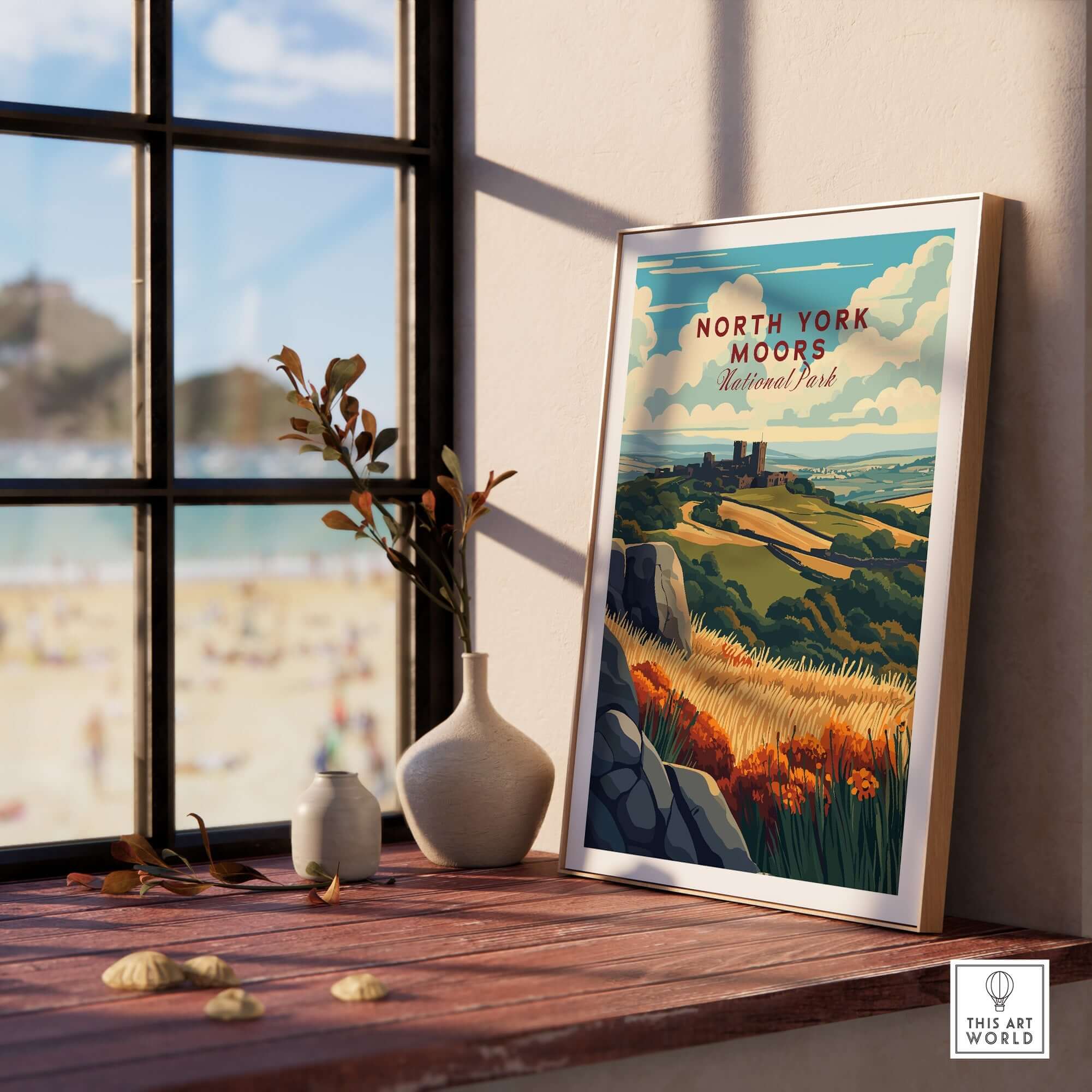 North York Moors Print displayed indoors with scenic landscape and natural light, evoking adventure and elegance.