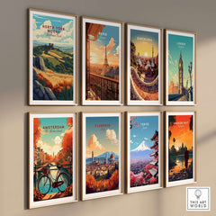 North York Moors Print among vibrant city posters on a stylish gallery wall, showcasing beautiful travel art.
