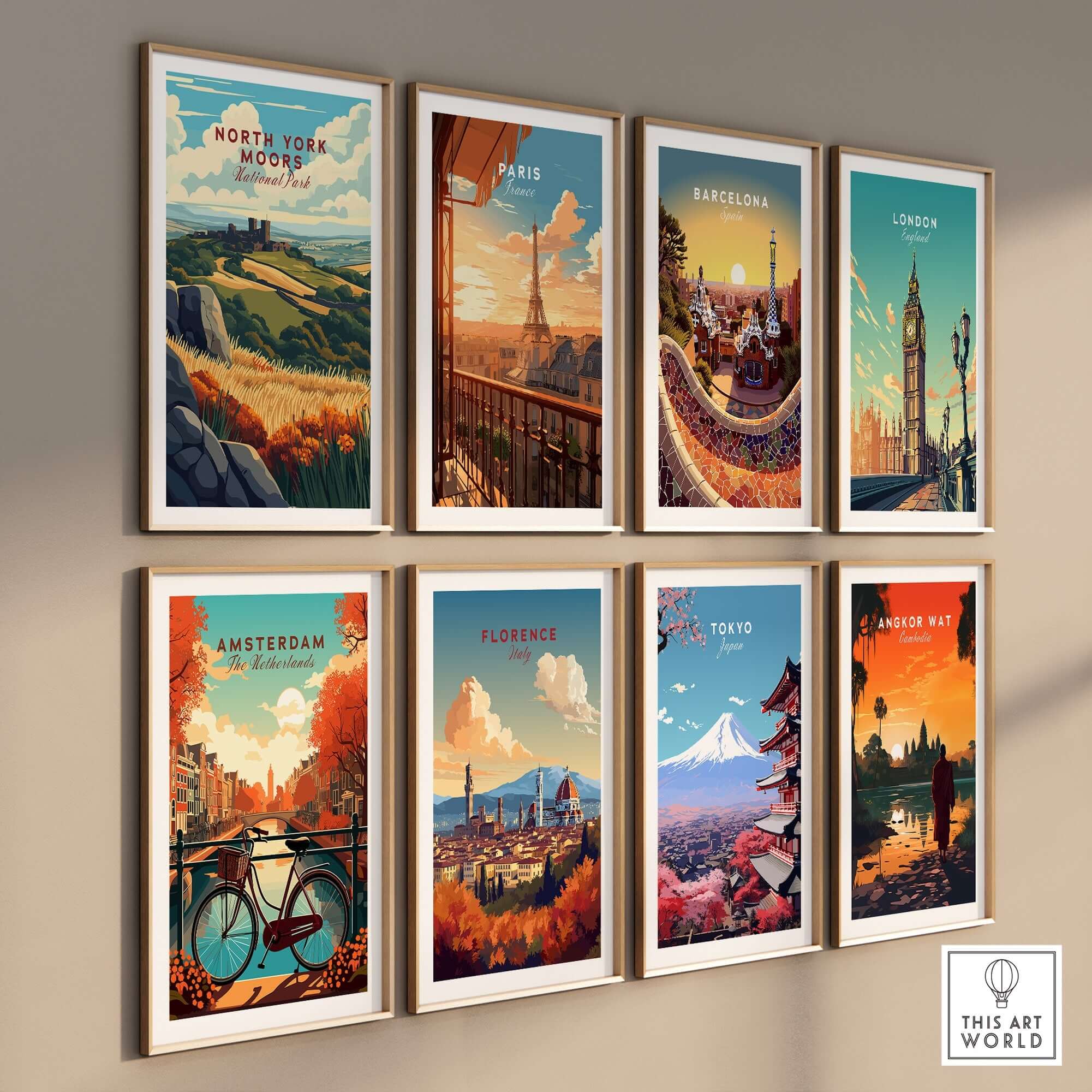 North York Moors Print among vibrant city posters on a stylish gallery wall, showcasing beautiful travel art.