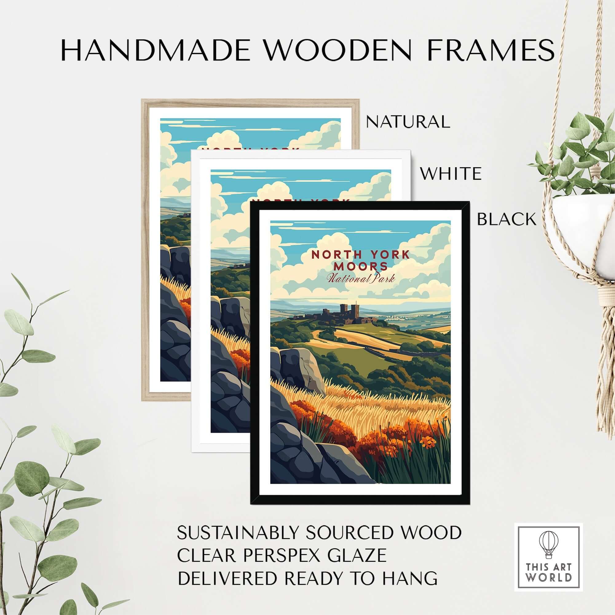 North York Moors Print displayed in handmade wooden frames: natural, white, and black options.