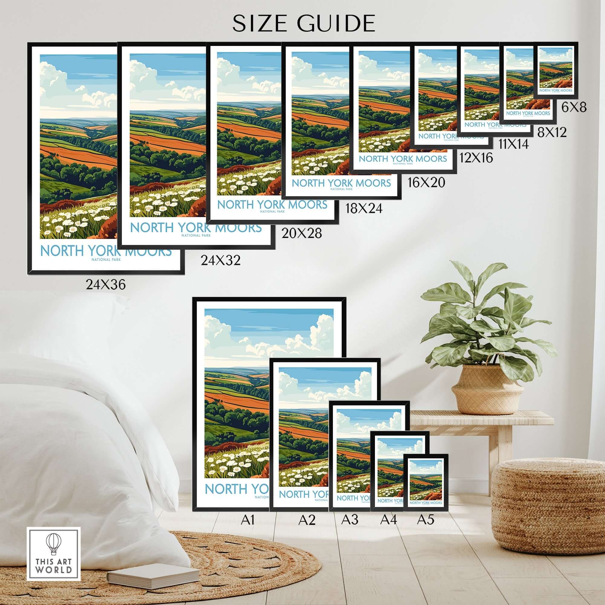 Size guide for North York Moors Travel Poster showing various frame sizes and vibrant landscape design.