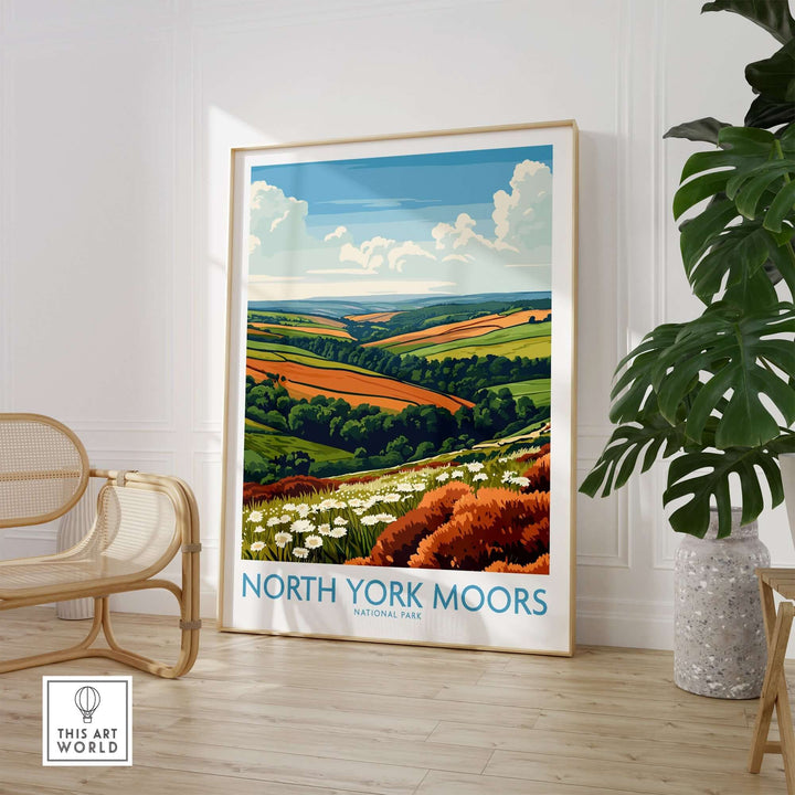 North York Moors vibrant travel poster showcasing stunning landscapes in a stylish home interior setting.