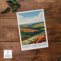 North York Moors Travel Poster showcasing vibrant landscapes of the North York Moors National Park.