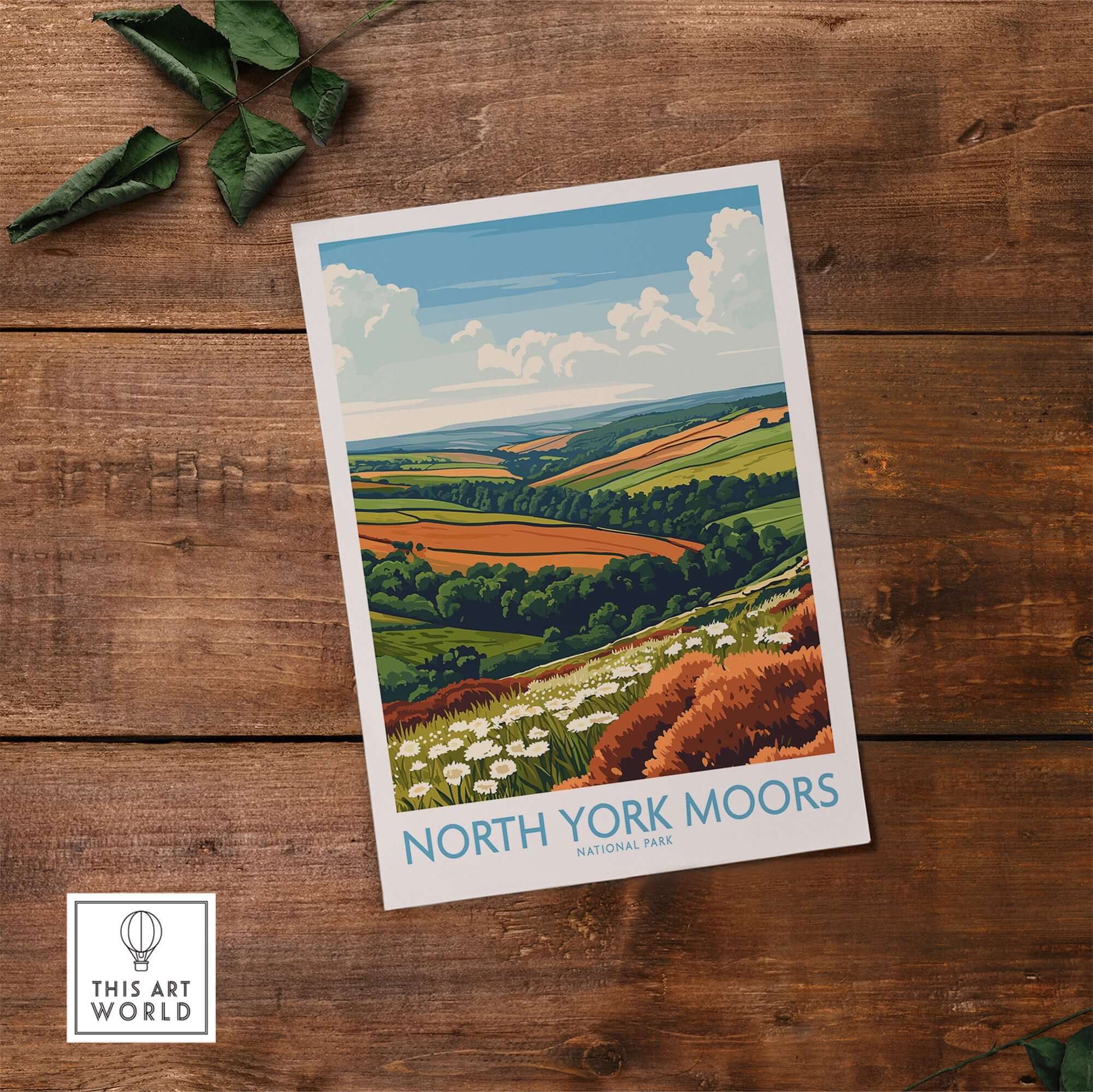 North York Moors Travel Poster showcasing vibrant landscapes of the North York Moors National Park.