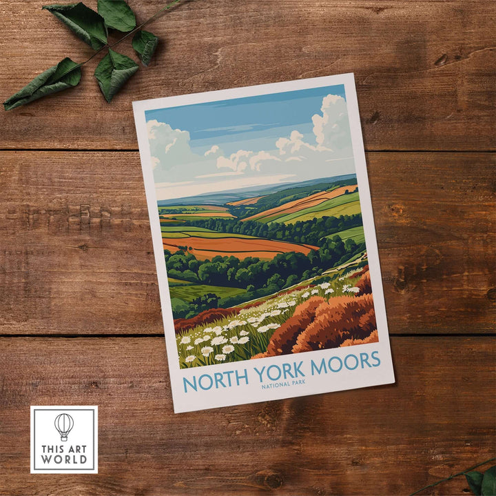 Vibrant North York Moors travel poster showcasing stunning landscapes and rich greenery, perfect for home or office decor.