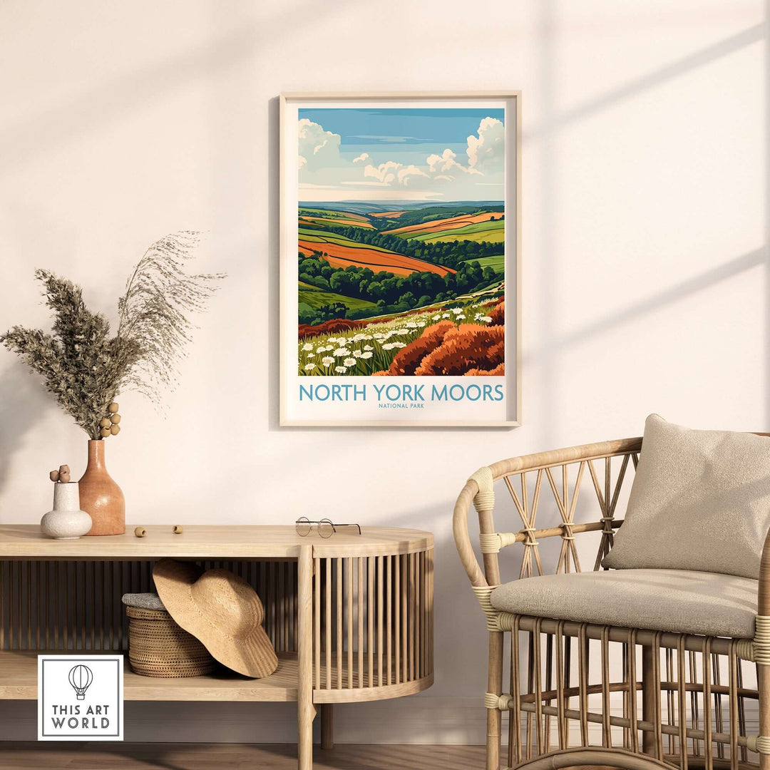 North York Moors travel poster showcasing vibrant landscapes in a stylish living room setting.