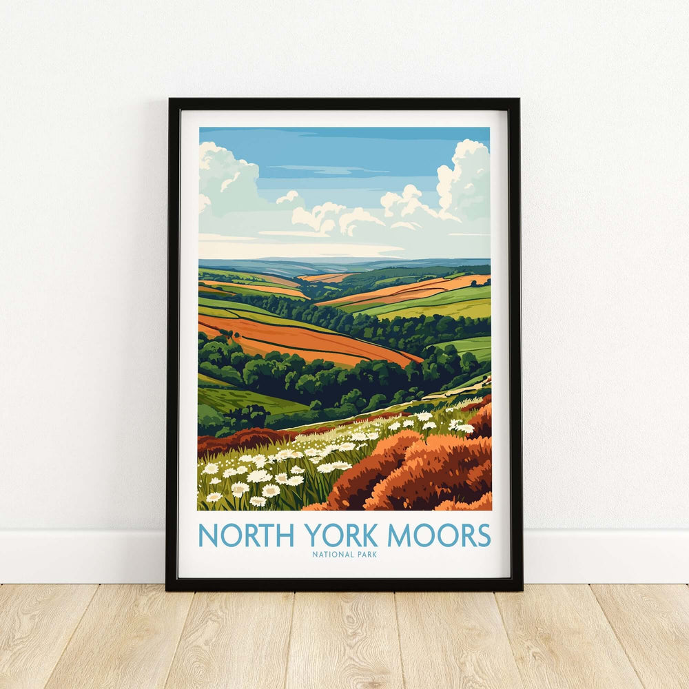 Vibrant North York Moors travel poster featuring lush green landscapes and rolling hills, perfect for home décor.