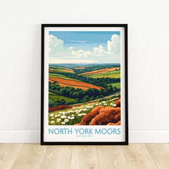 North York Moors Travel Poster showcasing vibrant landscapes and scenic views of the North York Moors National Park.