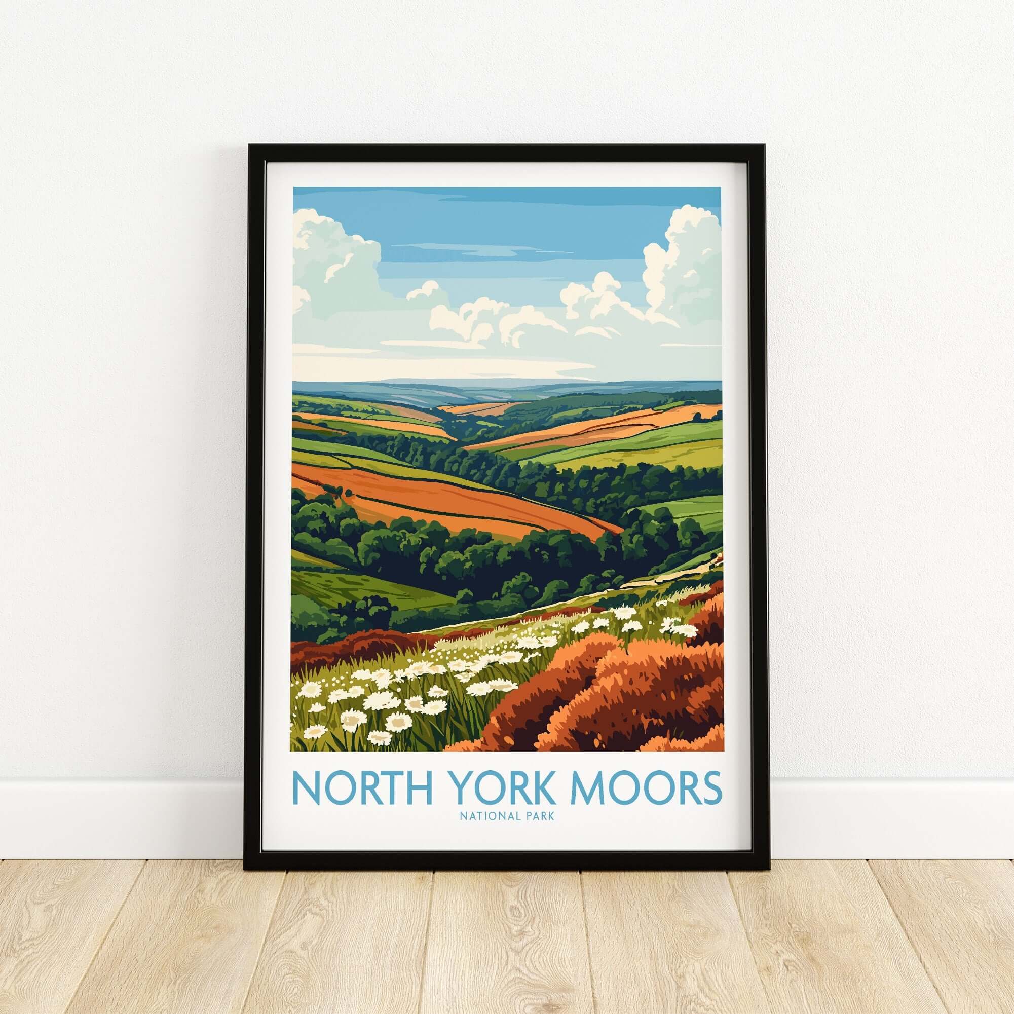 North York Moors Travel Poster showcasing vibrant landscapes and scenic views of the North York Moors National Park.