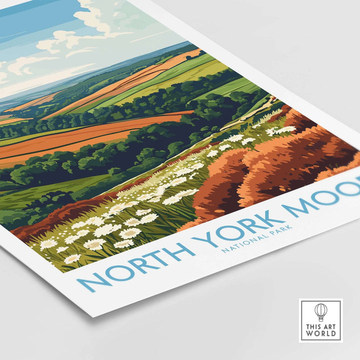 Vibrant North York Moors travel poster showcasing scenic landscapes and colorful fields of the national park.