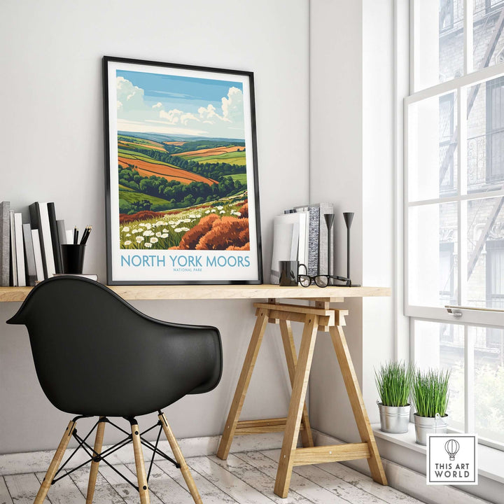 North York Moors travel poster displayed in a stylish office setting with a modern chair and desk decor.