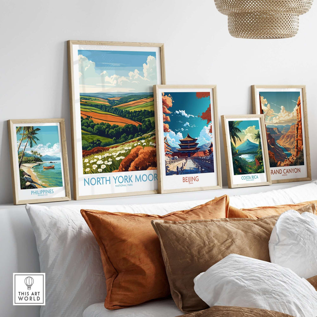 Vibrant North York Moors travel poster among other landscape art prints in a stylish interior setting.