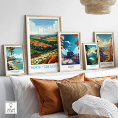 North York Moors Travel Poster displayed among travel posters on a stylish home decor wall.