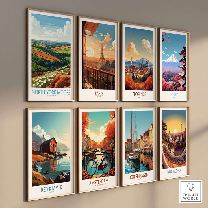 Vibrant travel posters featuring North York Moors, Paris, Florence, Tokyo, Reykjavik, Amsterdam, Copenhagen, and Barcelona.