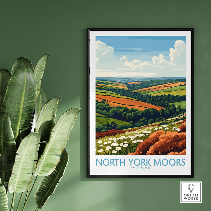 Vibrant North York Moors travel poster showcasing lush landscapes and rolling hills, perfect for home or office decor.