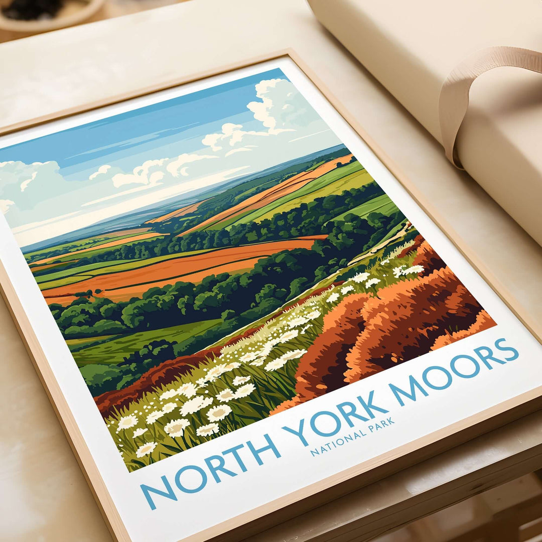 North York Moors travel poster showcasing vibrant landscapes and wildflowers, perfect for home or office decor.