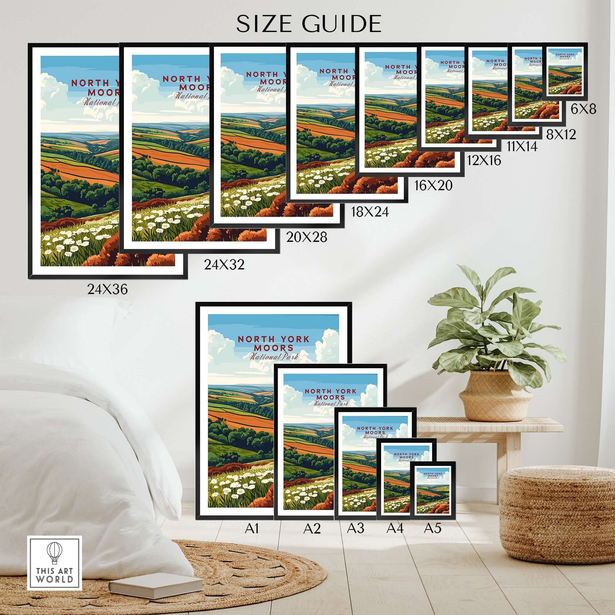 North York Moors Travel Print size guide showcasing various frame sizes for this stunning art piece.