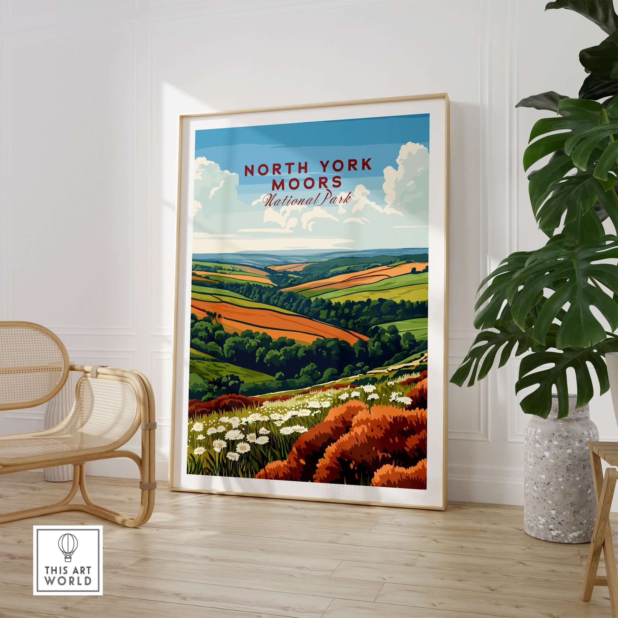 North York Moors Travel Print showcasing vibrant landscapes in a framed print, enhancing home decor.