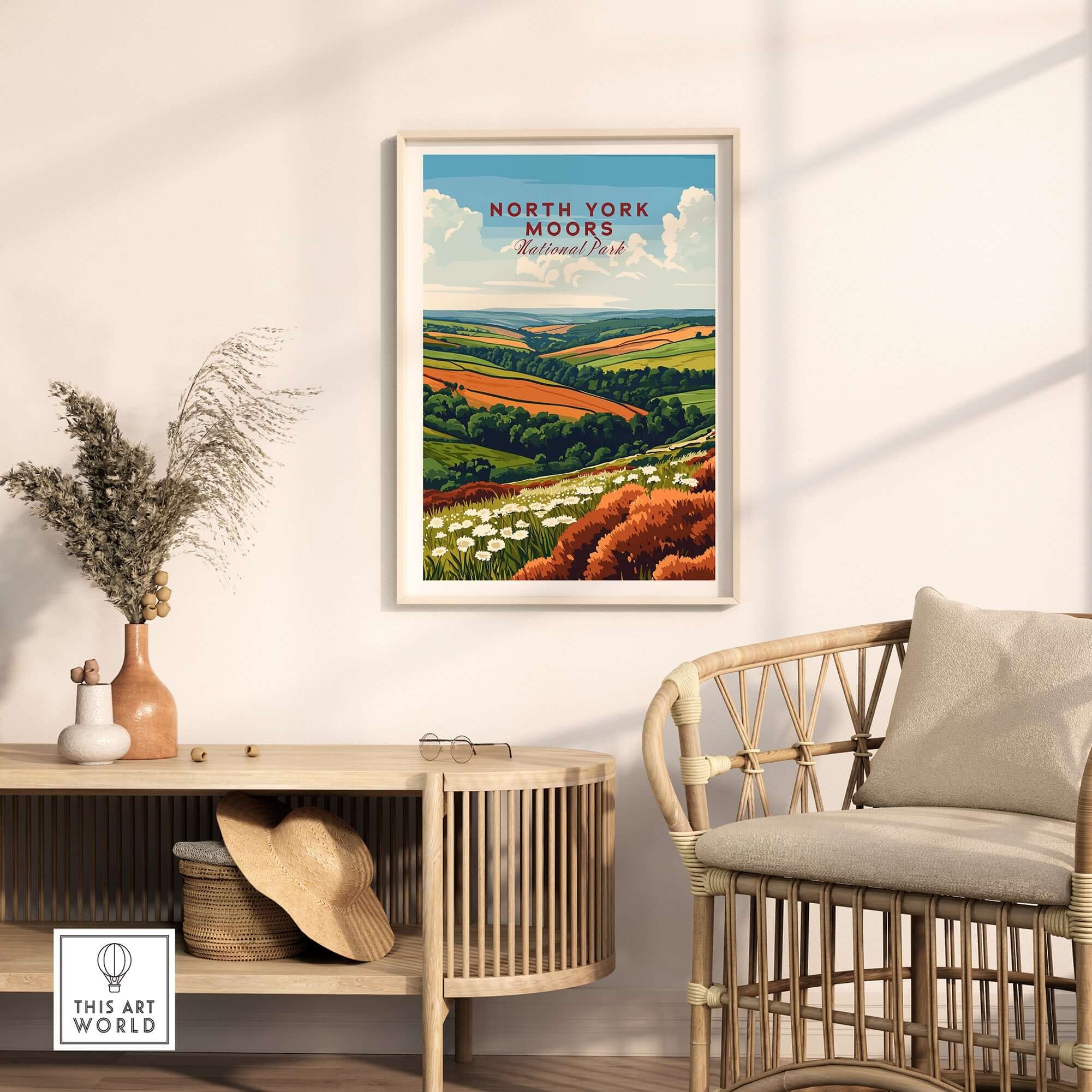 North York Moors Travel Print displayed in a stylish interior setting, showcasing vibrant landscapes and intricate details.
