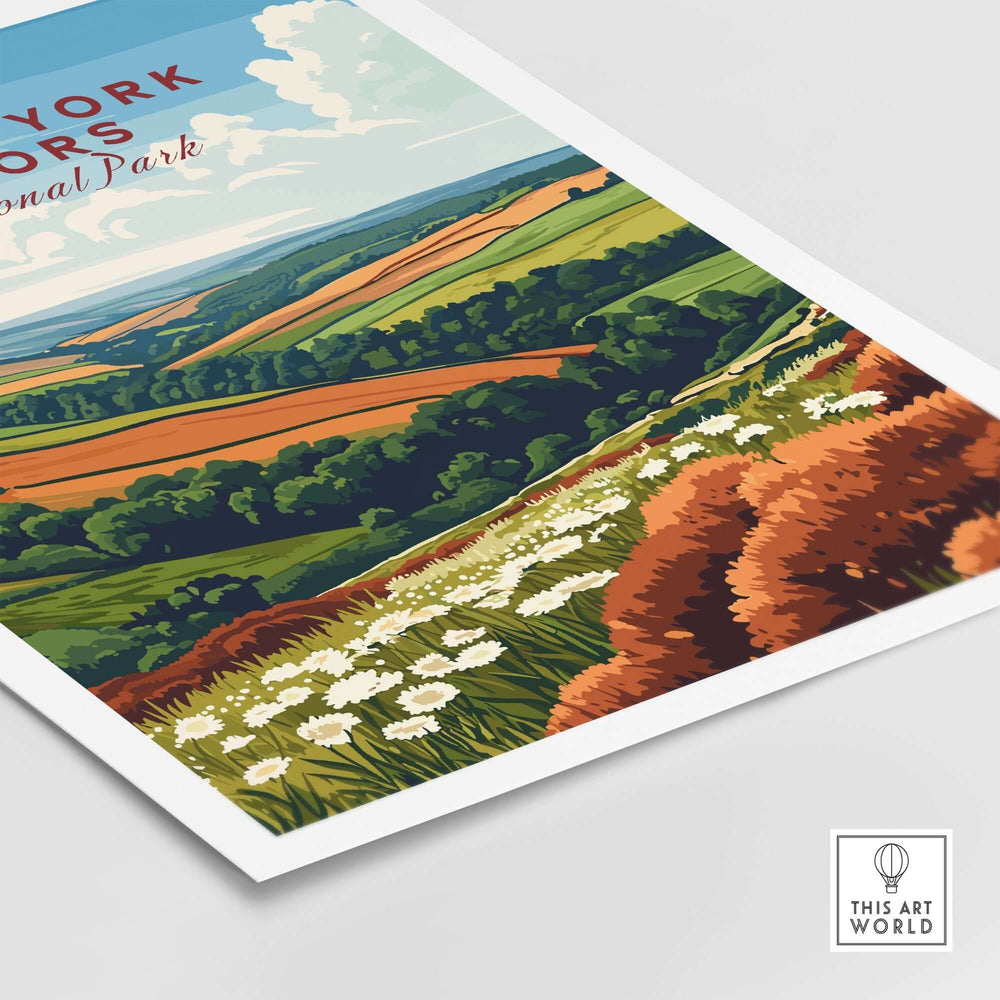 North York Moors travel print featuring vibrant landscapes and flowers, capturing the charm of the national park.