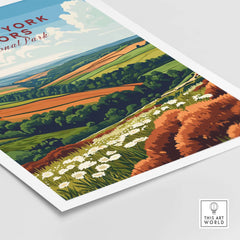 North York Moors Travel Print featuring vibrant landscapes and charming details of the picturesque North York Moors.