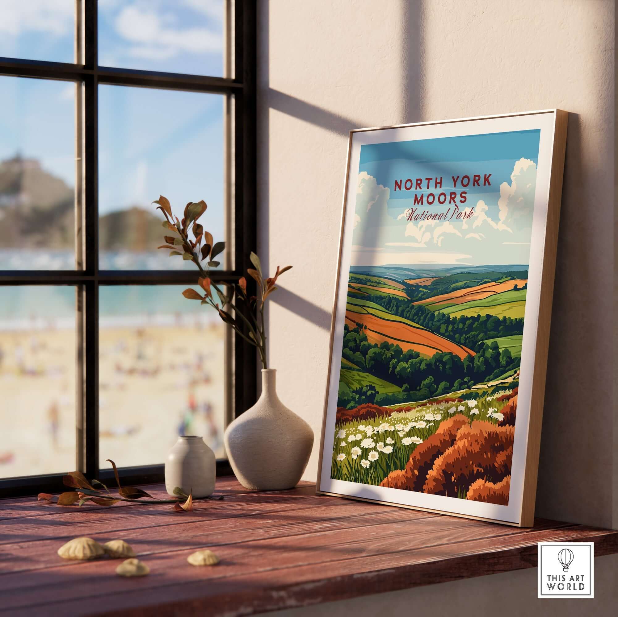 North York Moors Travel Print showcasing vibrant landscapes and charm of the North York Moors in an artistic frame.