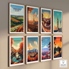 North York Moors Travel Print among other vibrant travel prints on a decorative wall.