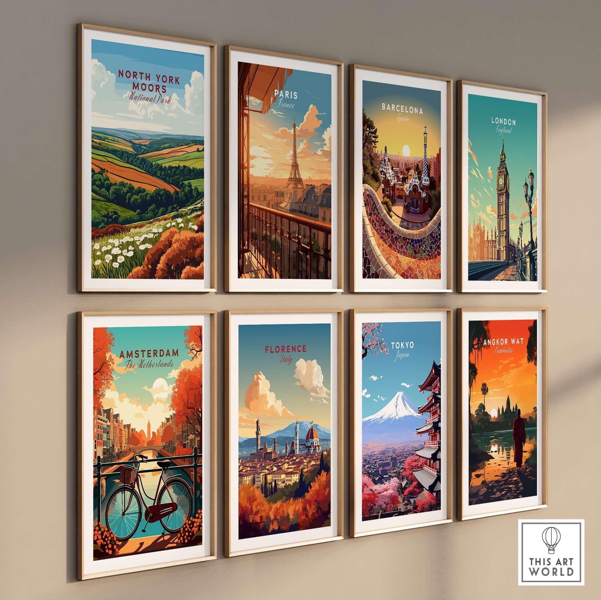 North York Moors Travel Print among other vibrant travel prints on a decorative wall.